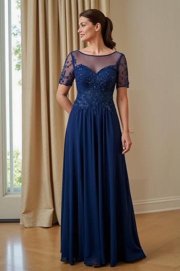 Mousseline de soie marine Une ligne appliquée illusion col bateau longue mère de la mariée robe avec manches